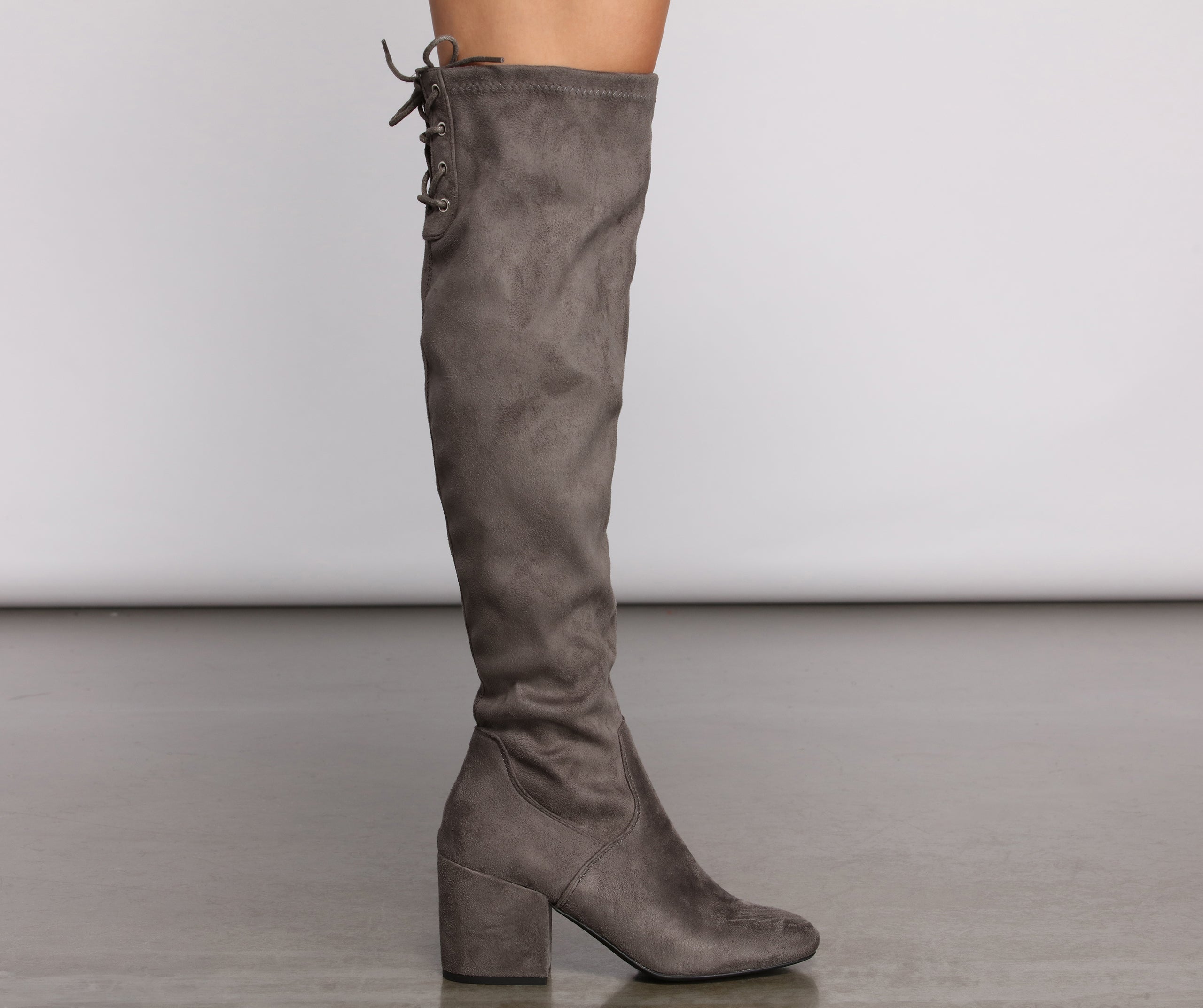 Over The Knee Tie Back Heeled Boots Newgew