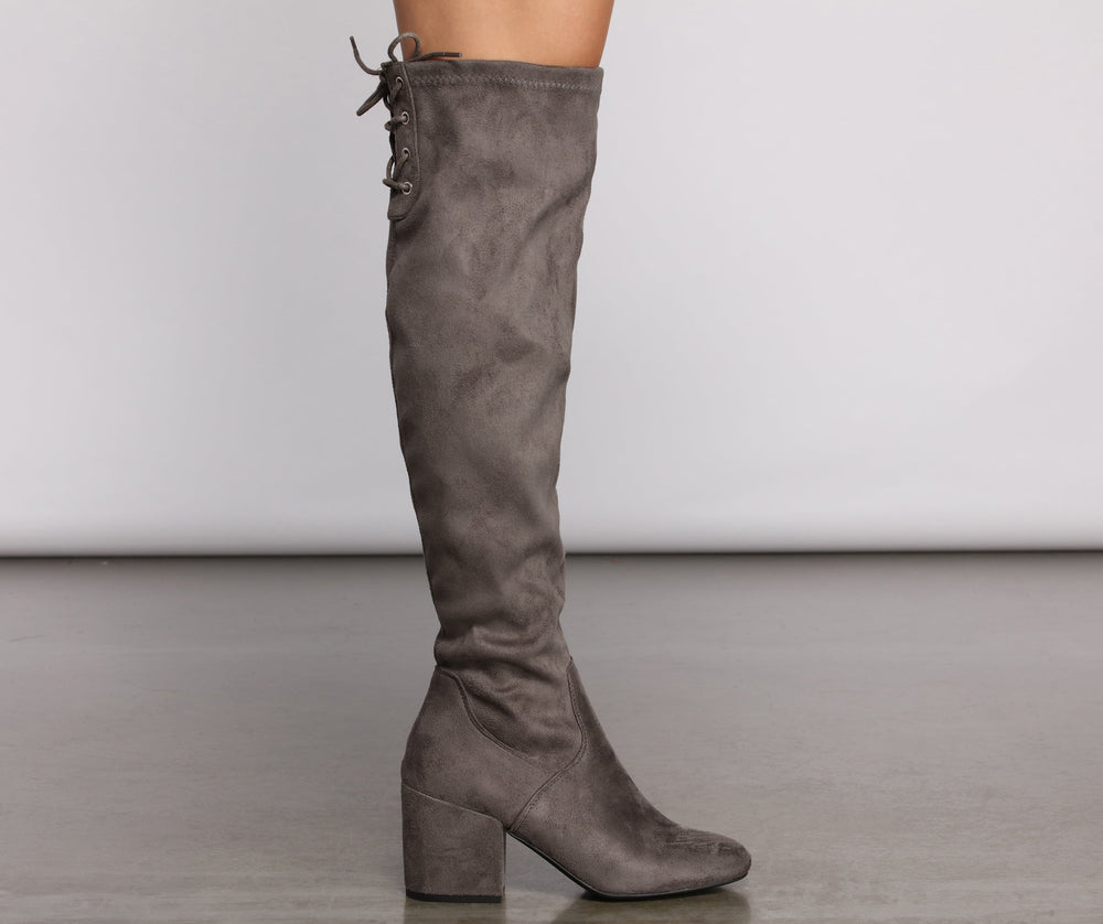 Over The Knee Tie Back Heeled Boots Newgew
