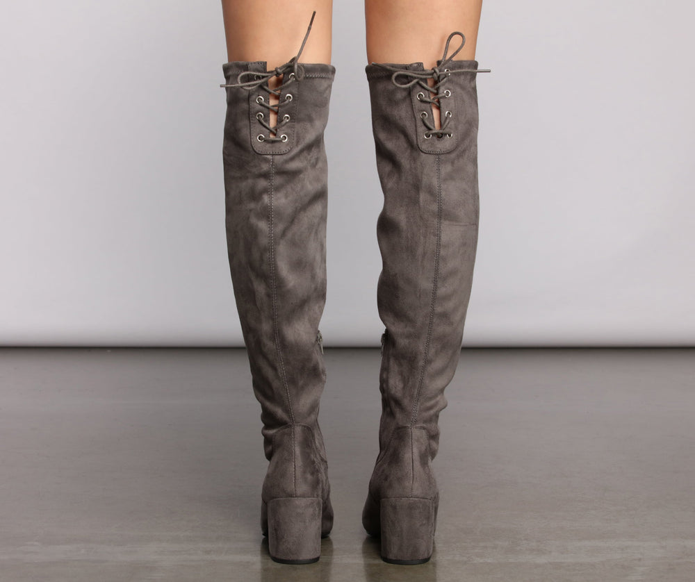 Over The Knee Tie Back Heeled Boots Newgew