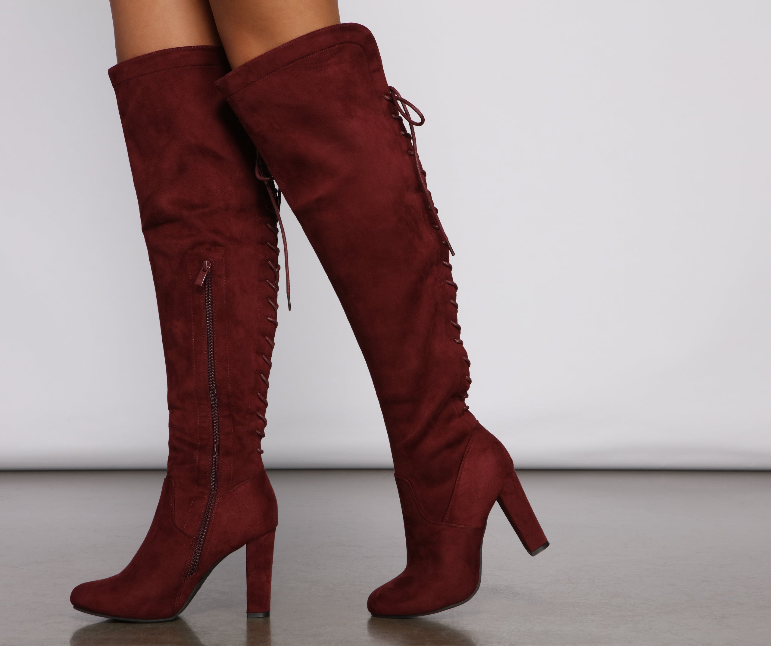 Lace Back Over The Knee Block Heeled Boots Newgew