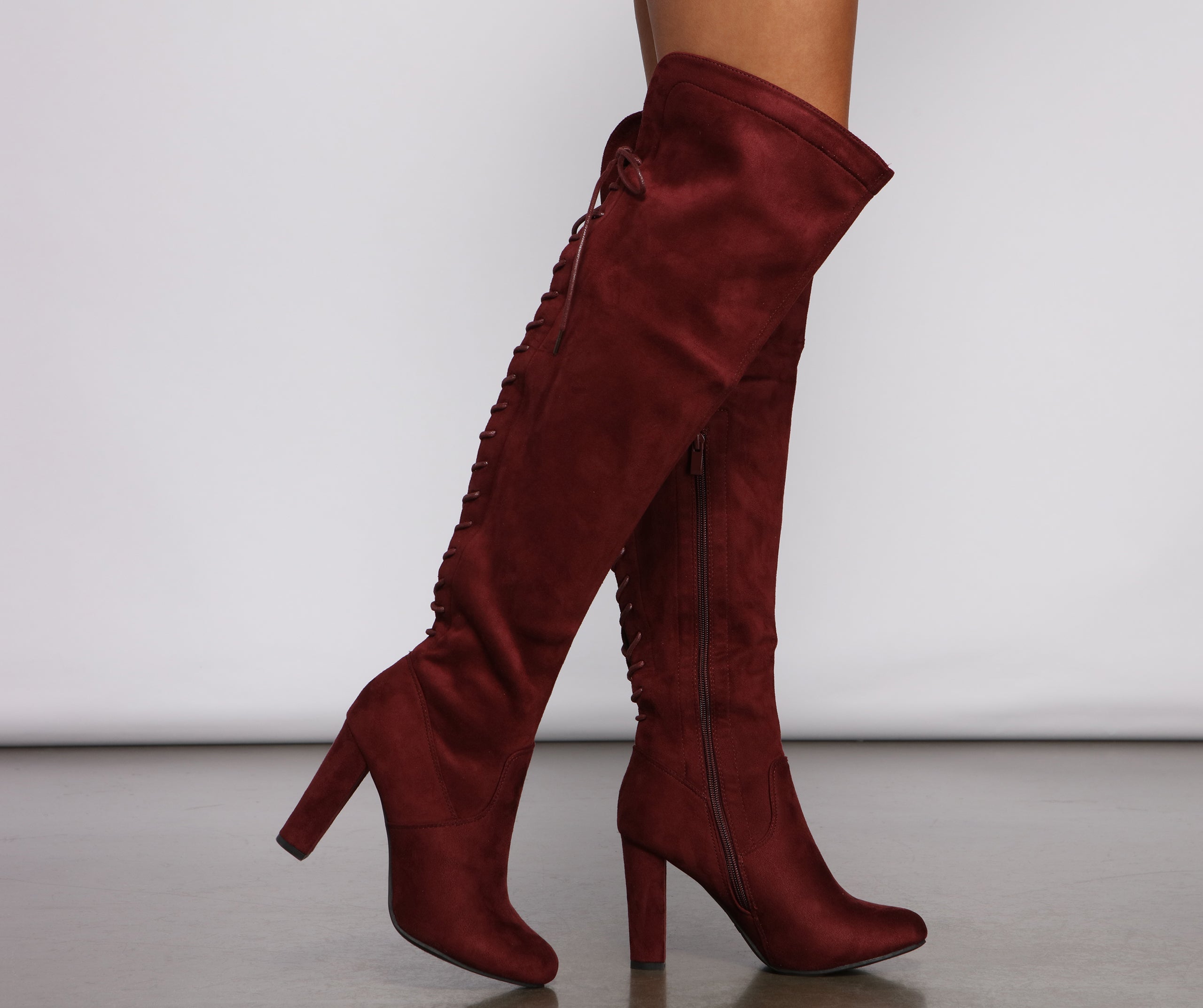 Lace Back Over The Knee Block Heeled Boots Newgew