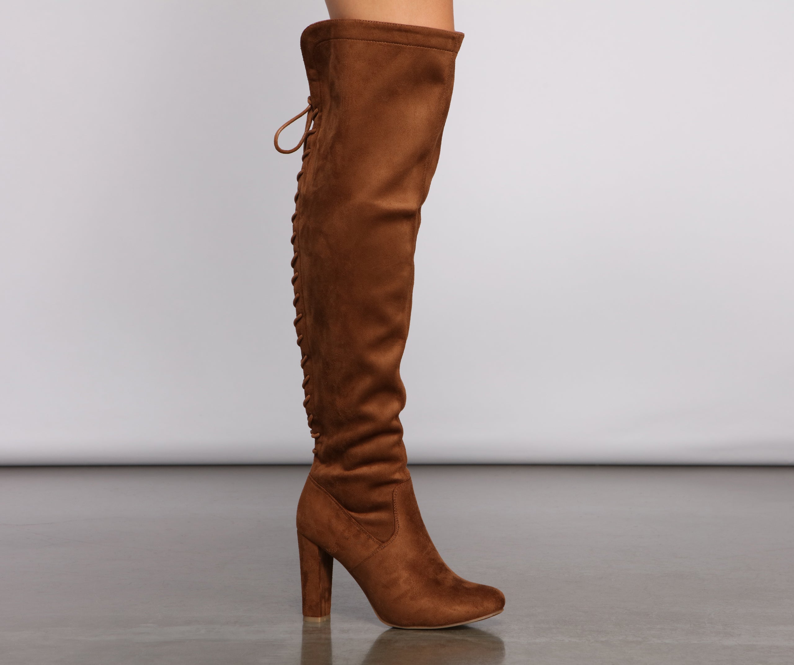 Lace Back Over The Knee Block Heeled Boots Newgew