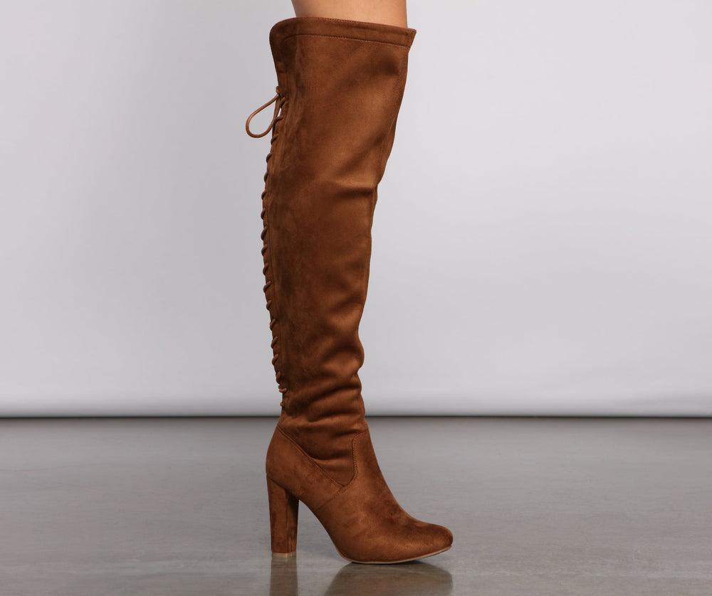 Lace Back Over The Knee Block Heeled Boots Newgew