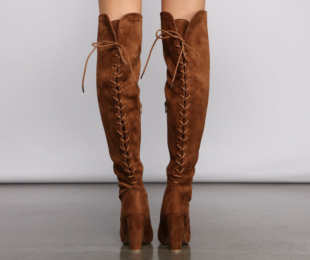 Lace Back Over The Knee Block Heeled Boots Newgew