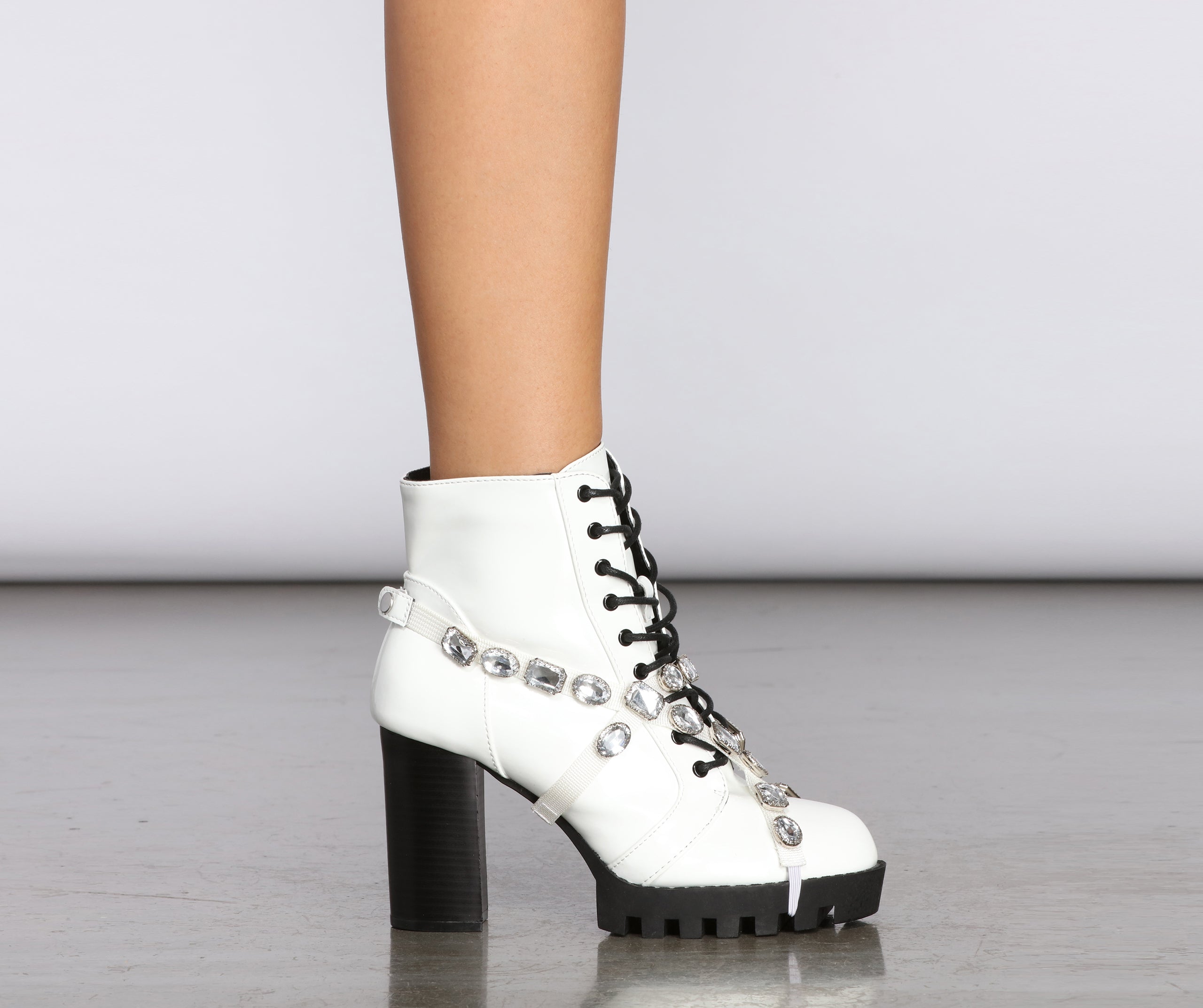 Gemstone Babe Faux Leather Lug Boots Newgew