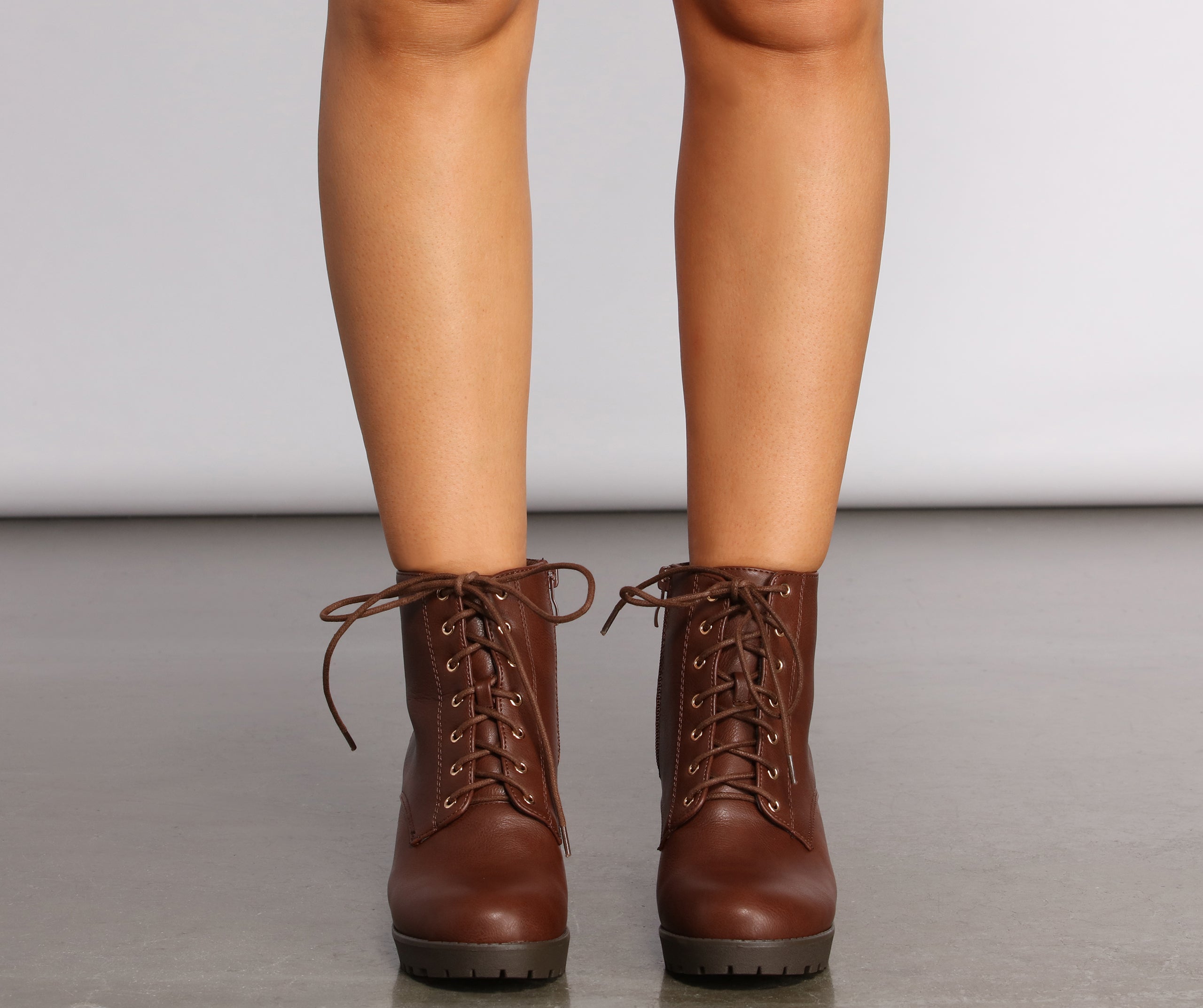 Lace Up Faux Leather Lug Booties Newgew