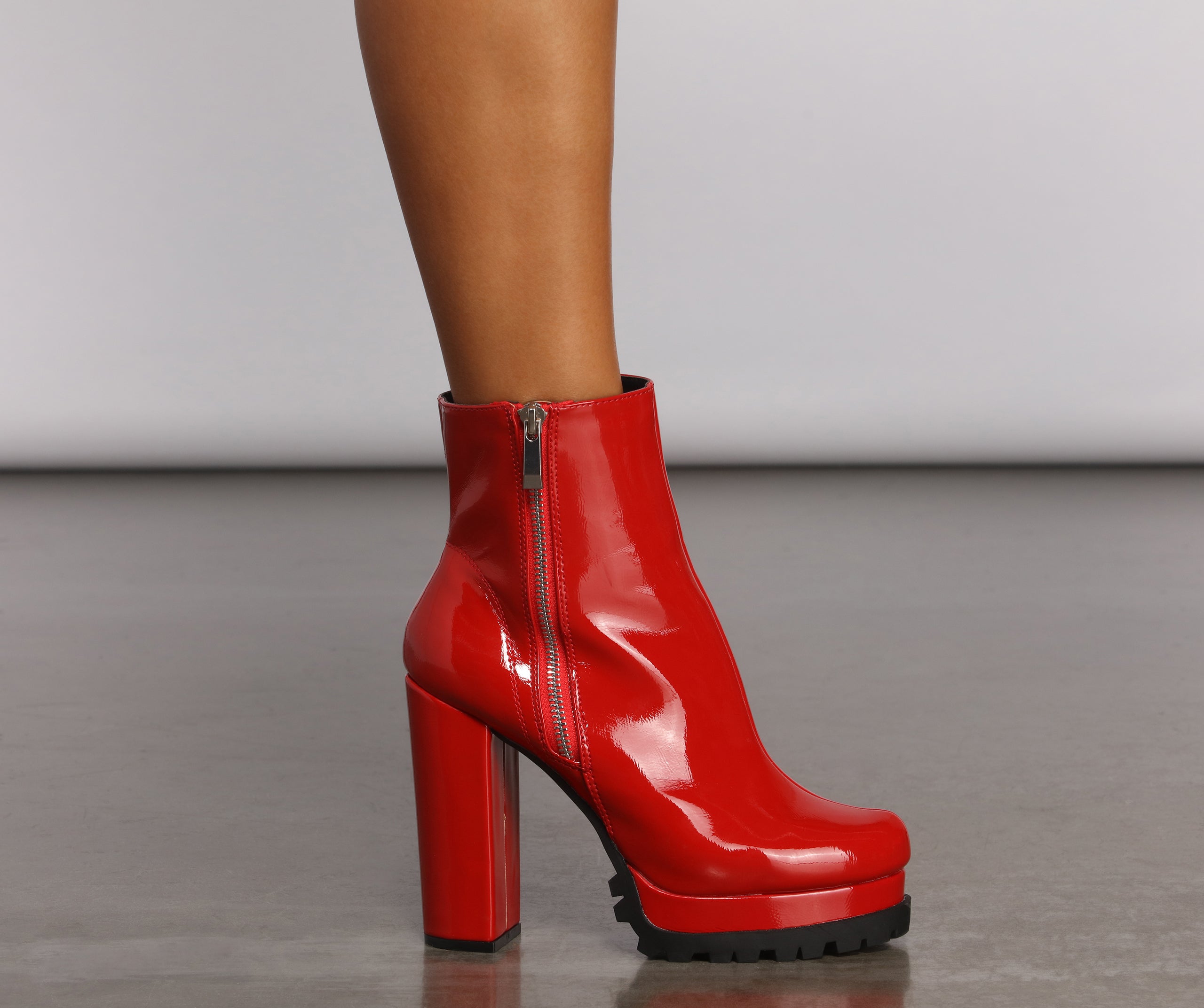 Red Hot Faux Patent Leather Lug Booties Newgew