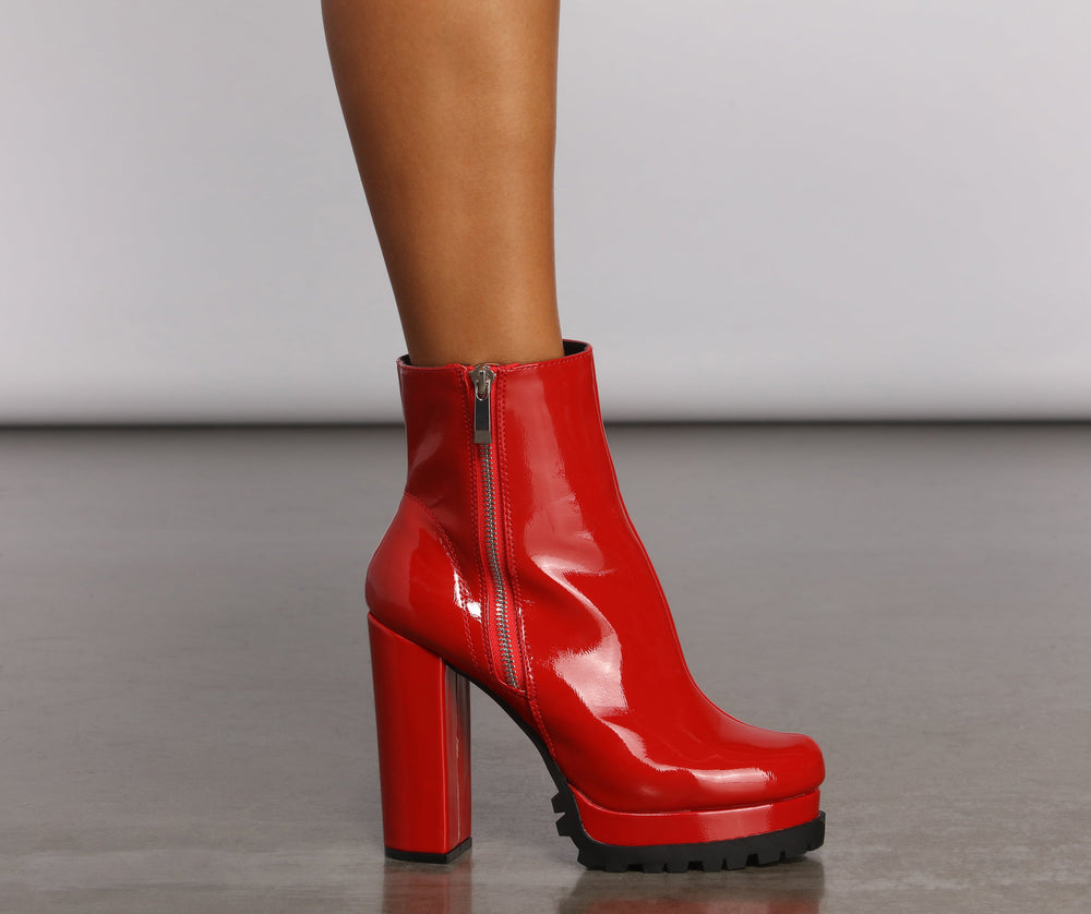 Red Hot Faux Patent Leather Lug Booties Newgew