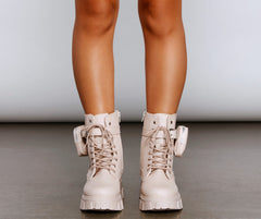Faux Leather Lug Sole Booties With Pouch Newgew