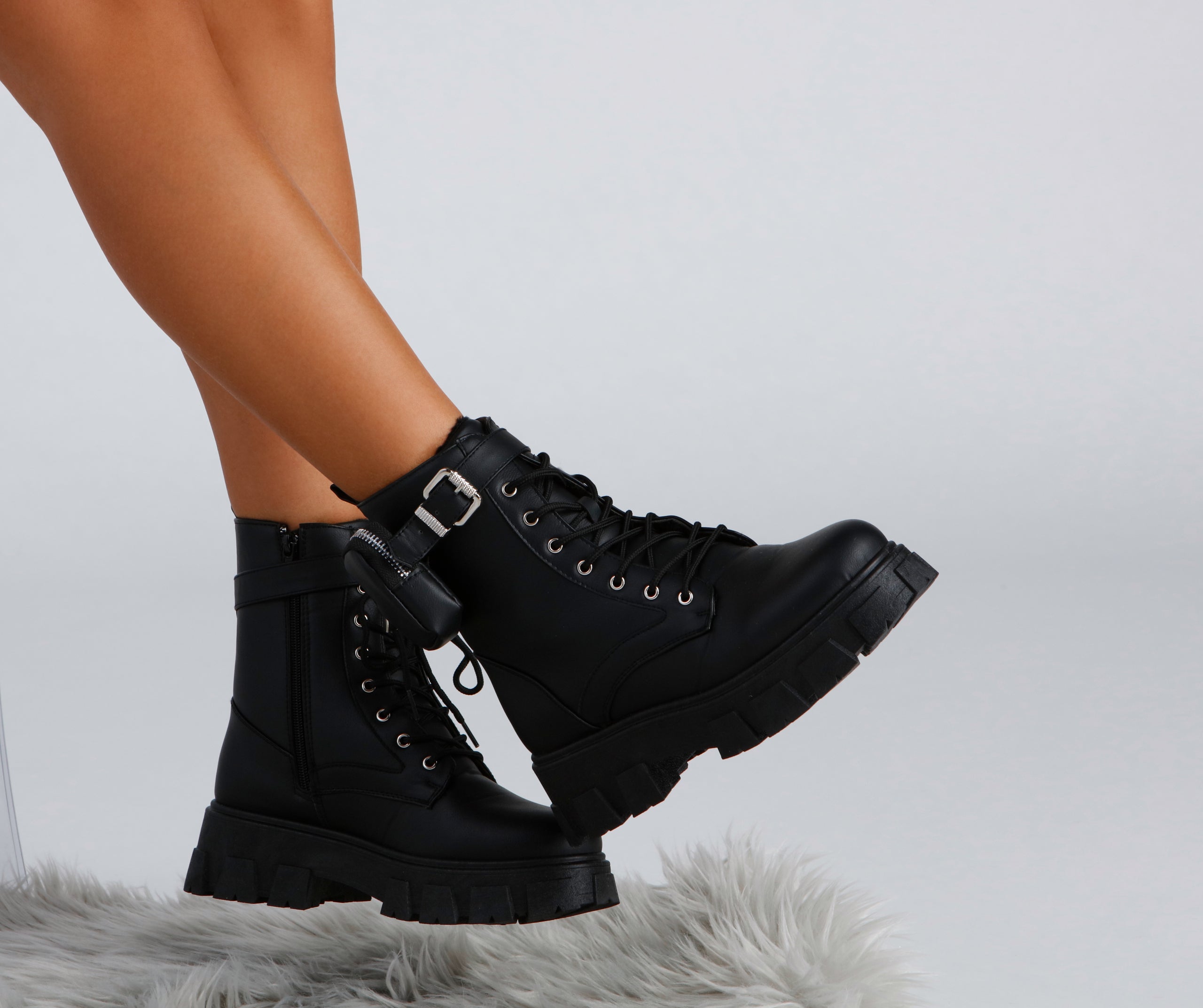 Faux Leather Lug Sole Booties With Pouch Newgew