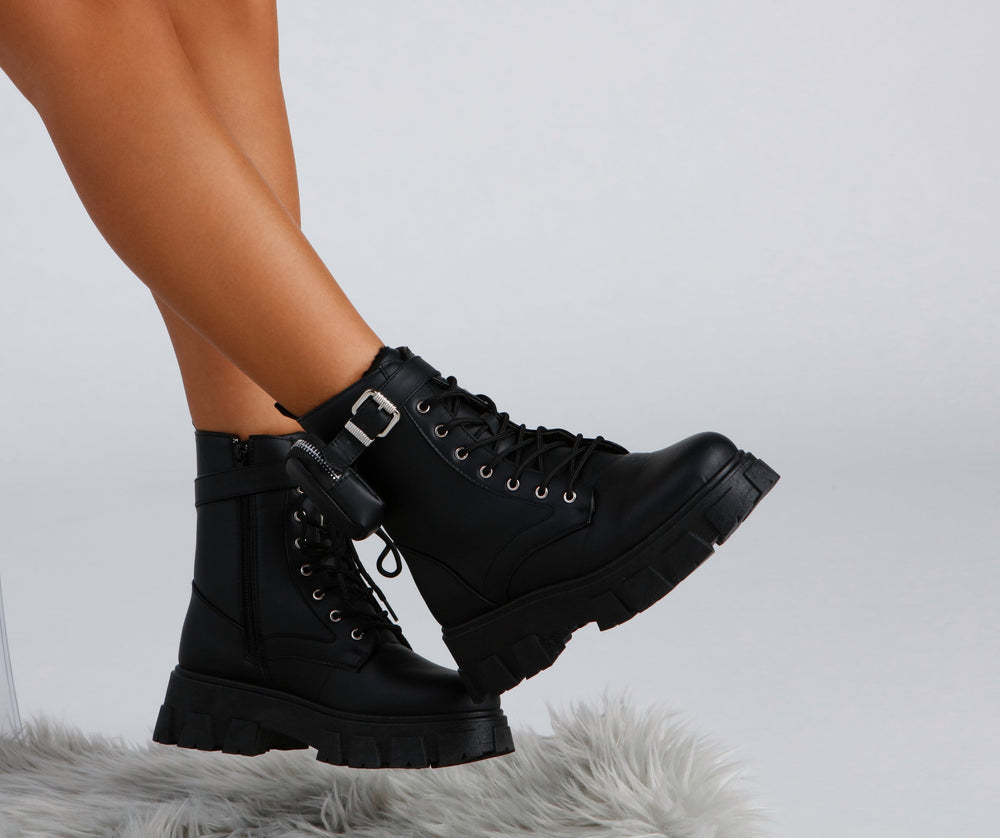Faux Leather Lug Sole Booties With Pouch Newgew