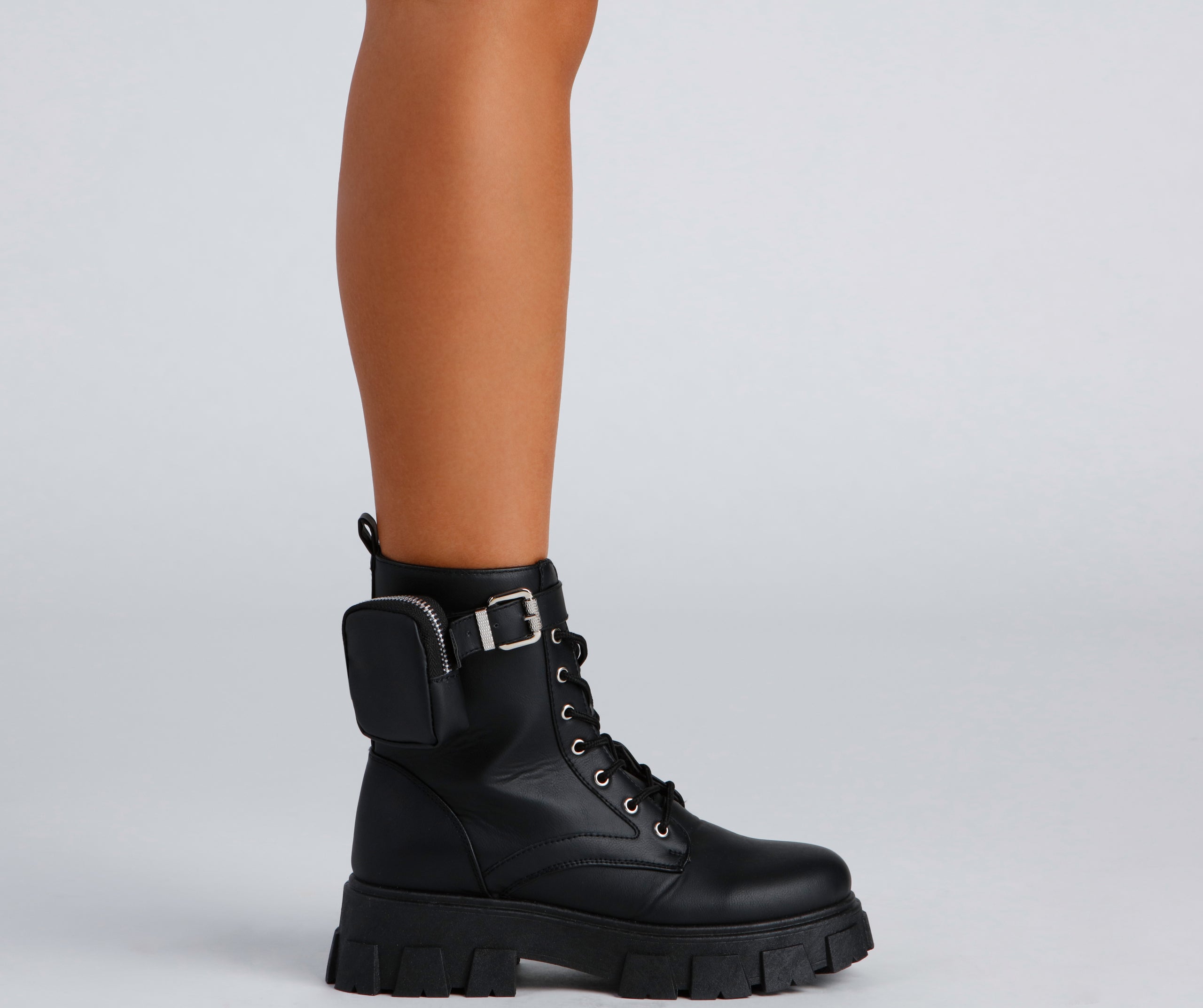 Faux Leather Lug Sole Booties With Pouch Newgew