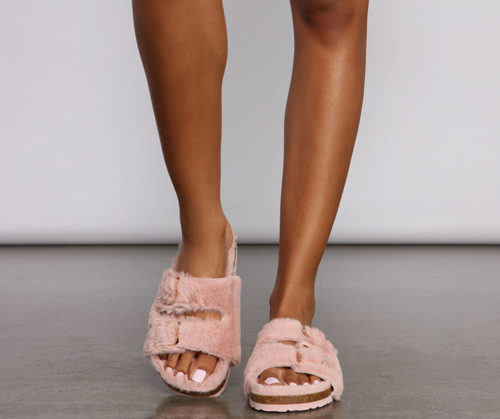 Double Buckle Faux Fur Slippers Newgew