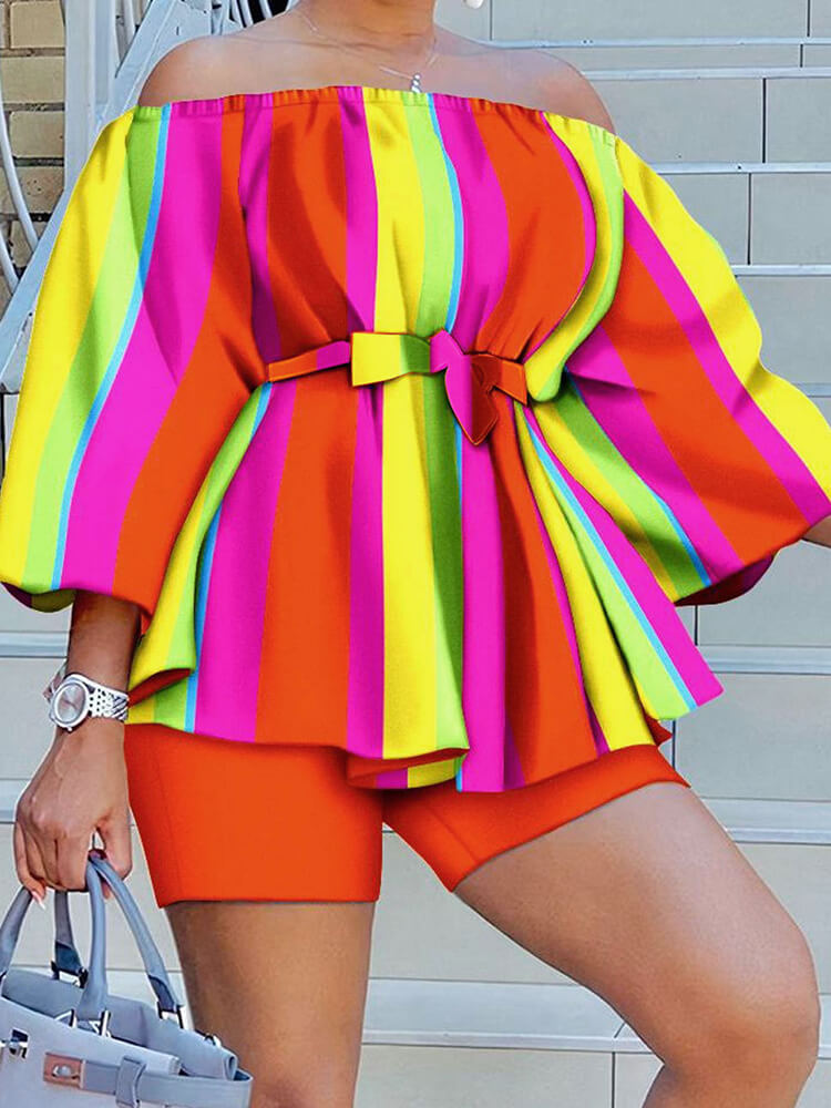 Off-Shoulder Printed Top and Solid Shorts Newgew