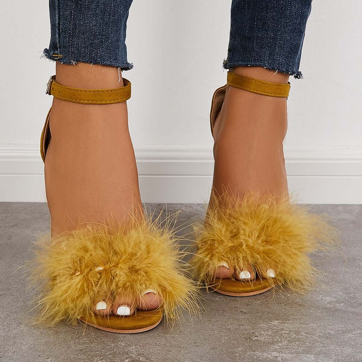 Fluffy Chunky Block High Heel Sandals Ankle Strap Dress Pumps Pairmore