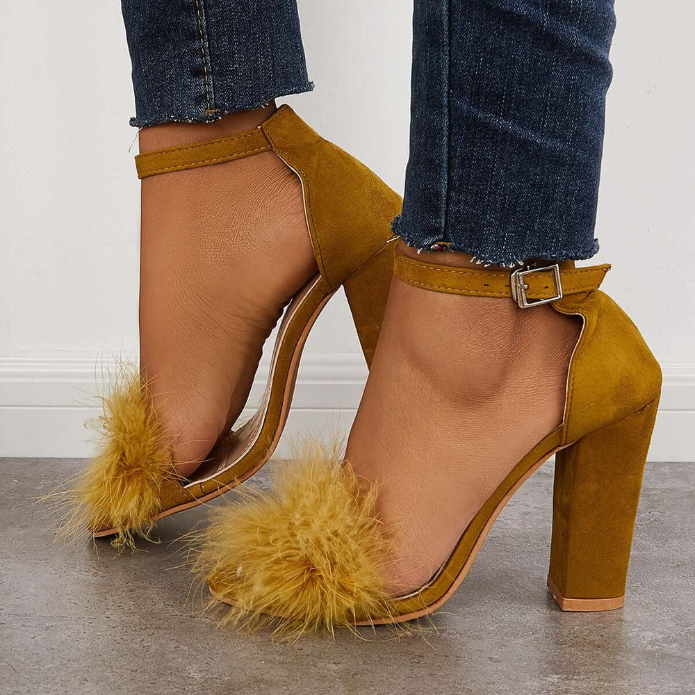 Fluffy Chunky Block High Heel Sandals Ankle Strap Dress Pumps Pairmore