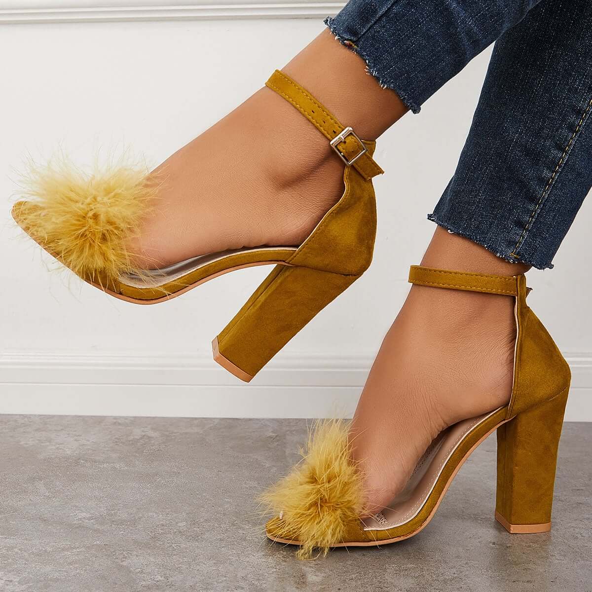 Fluffy Chunky Block High Heel Sandals Ankle Strap Dress Pumps Pairmore