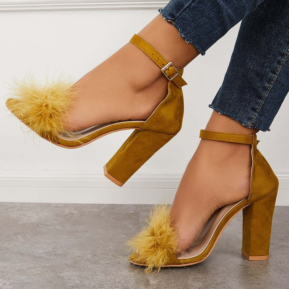 Fluffy Chunky Block High Heel Sandals Ankle Strap Dress Pumps Pairmore