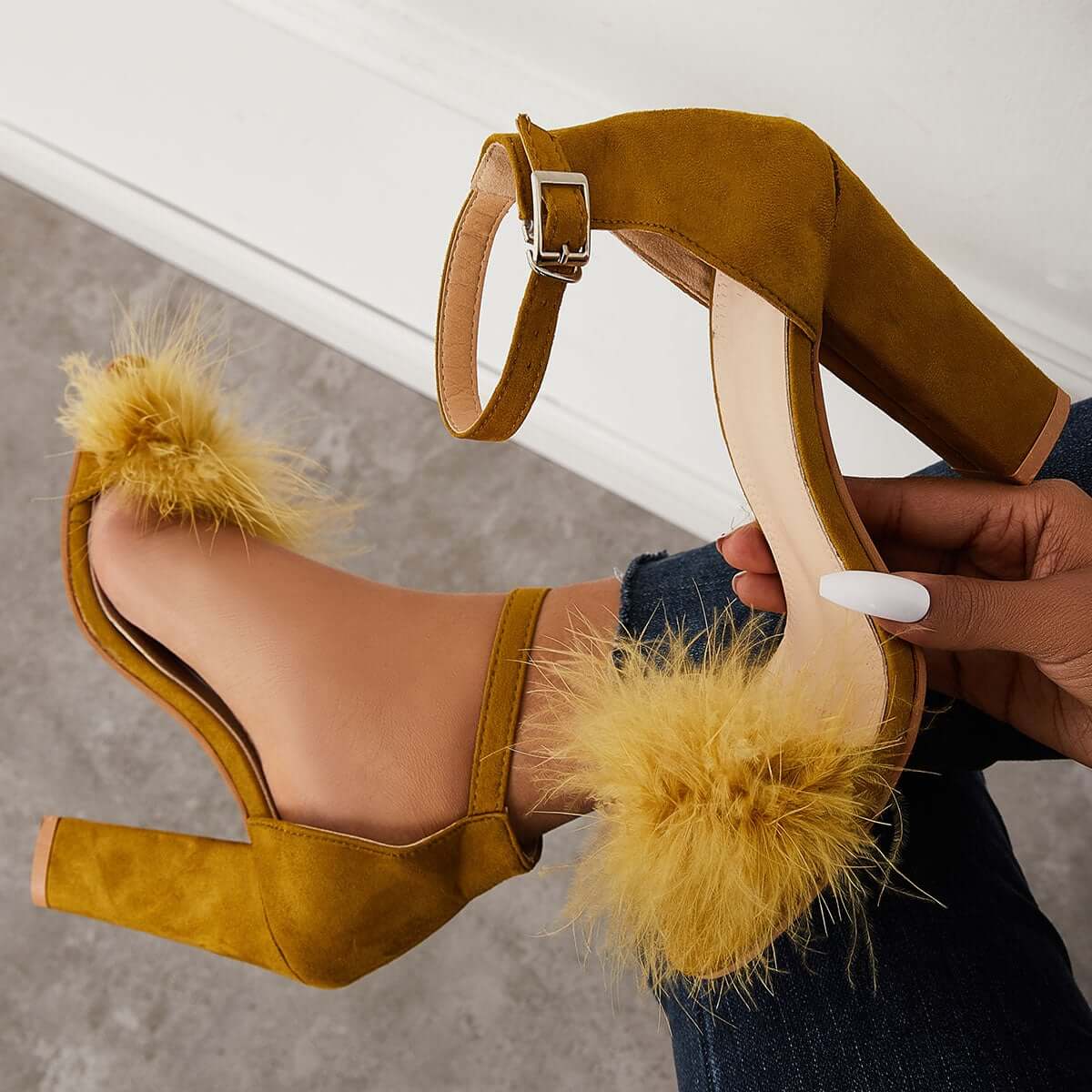Fluffy Chunky Block High Heel Sandals Ankle Strap Dress Pumps Pairmore