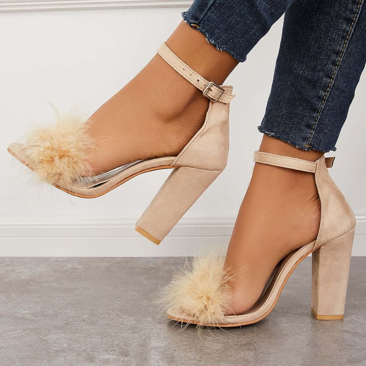 Fluffy Chunky Block High Heel Sandals Ankle Strap Dress Pumps Pairmore