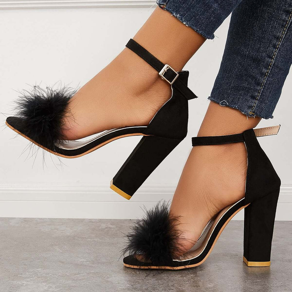Fluffy Chunky Block High Heel Sandals Ankle Strap Dress Pumps Pairmore