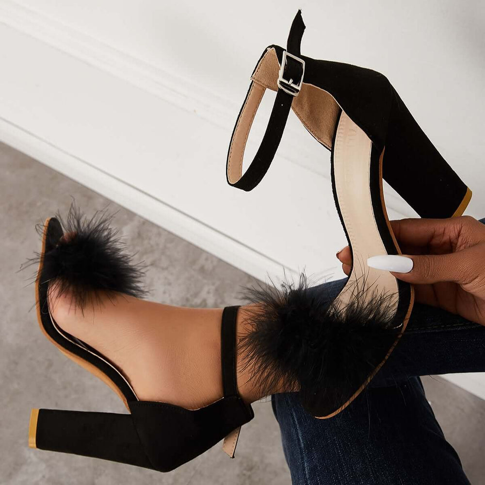 Fluffy Chunky Block High Heel Sandals Ankle Strap Dress Pumps Pairmore