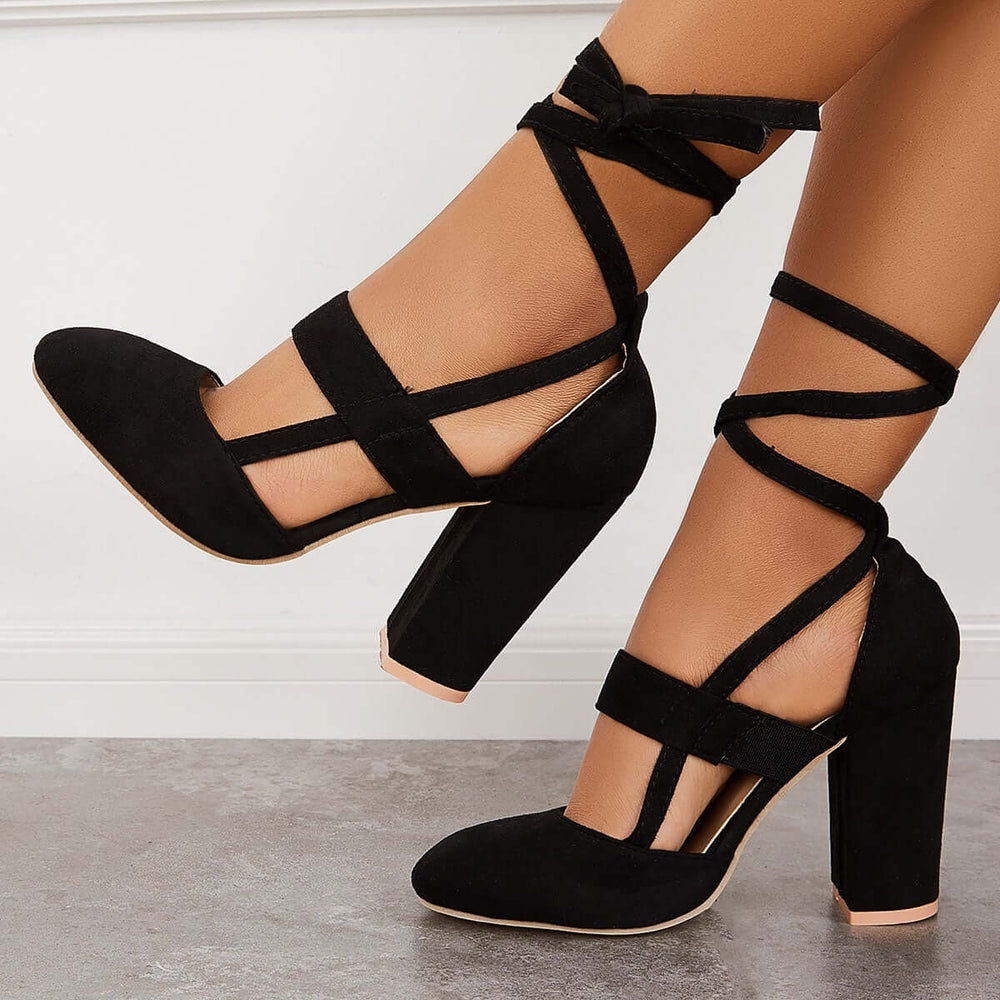 Chunky Block High Heels Lace Up Dress Sandals Ankle Strappy Pumps Pairmore
