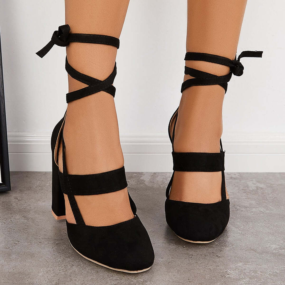 Chunky Block High Heels Lace Up Dress Sandals Ankle Strappy Pumps Pairmore