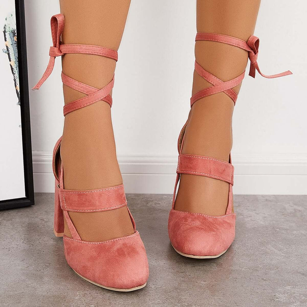 Chunky Block High Heels Lace Up Dress Sandals Ankle Strappy Pumps Pairmore