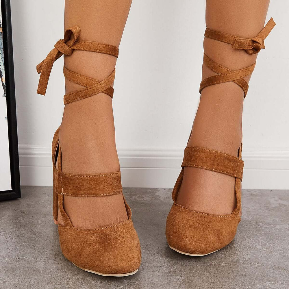 Chunky Block High Heels Lace Up Dress Sandals Ankle Strappy Pumps Pairmore