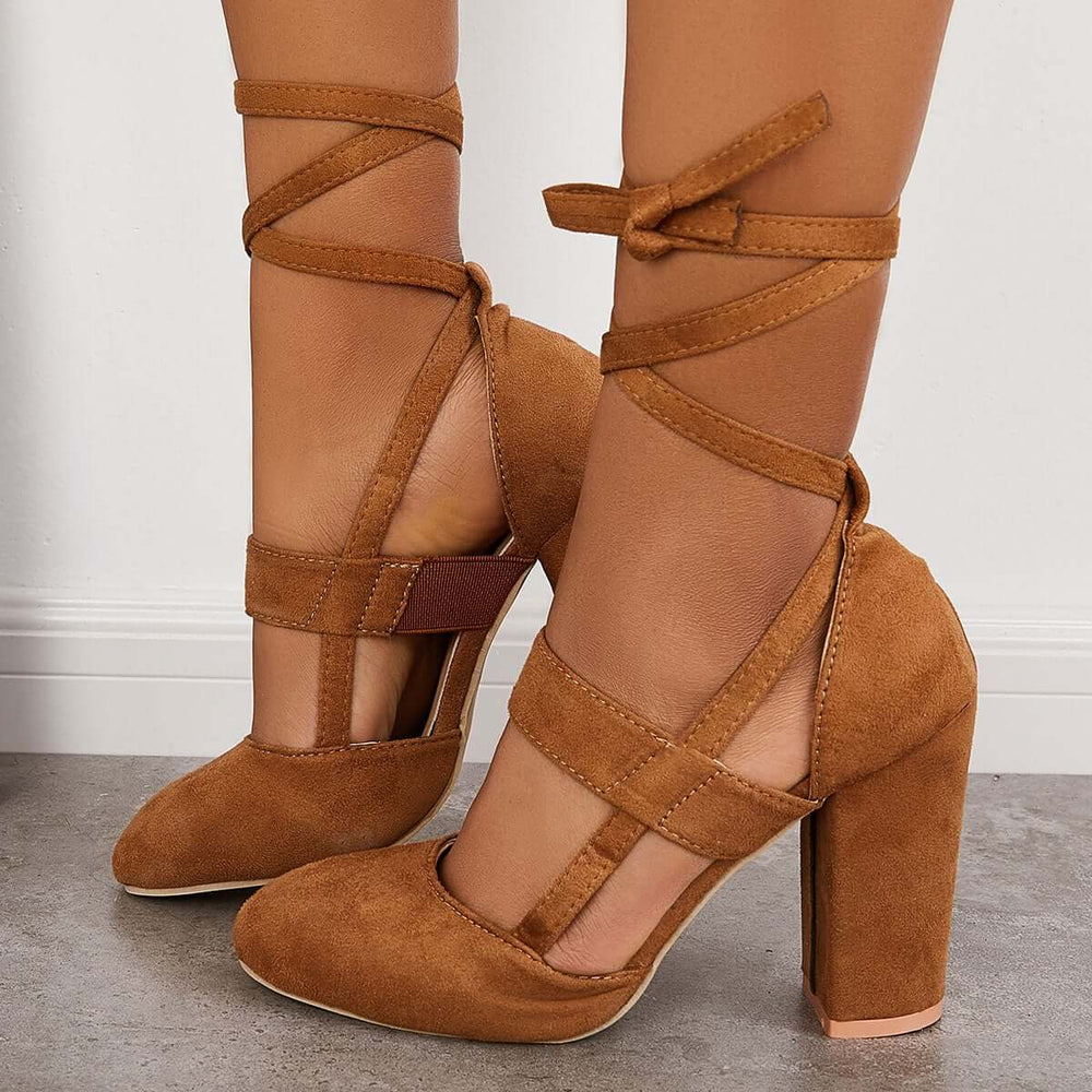 Chunky Block High Heels Lace Up Dress Sandals Ankle Strappy Pumps Pairmore