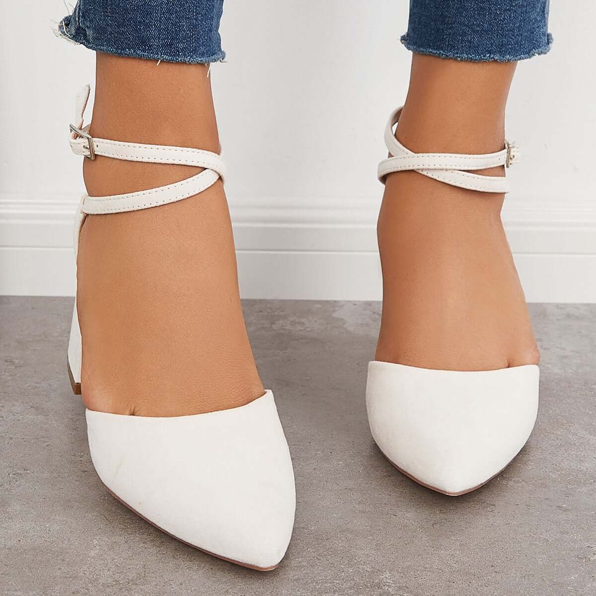 Chunky Block Low Heel Pumps Pointed Toe Ankle Strap Heels Pairmore