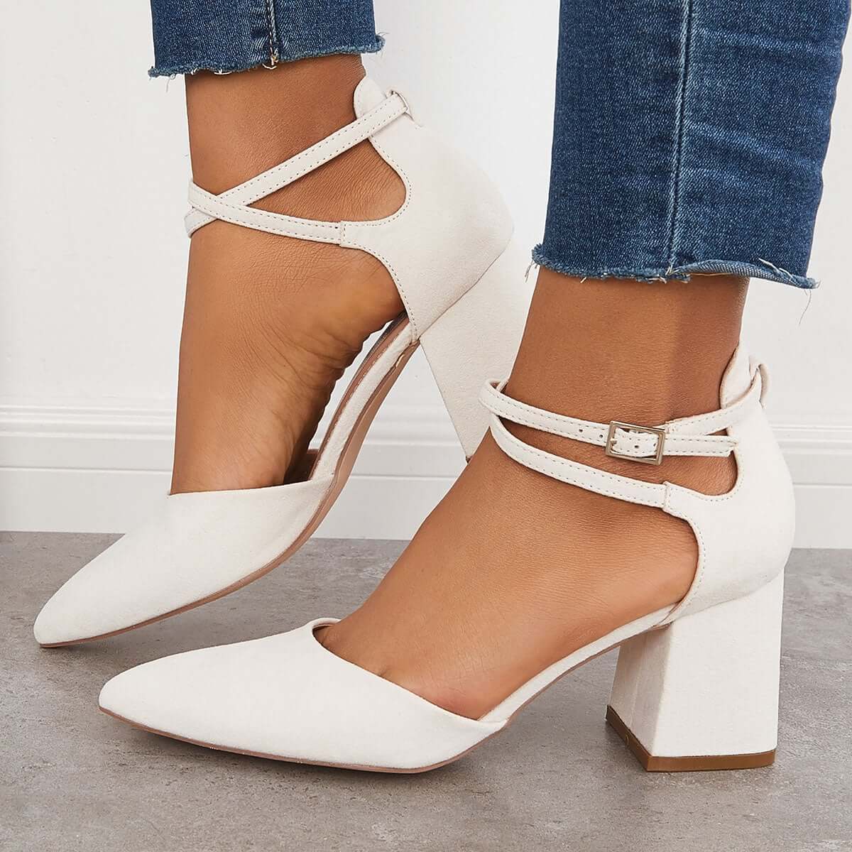 Chunky Block Low Heel Pumps Pointed Toe Ankle Strap Heels Pairmore
