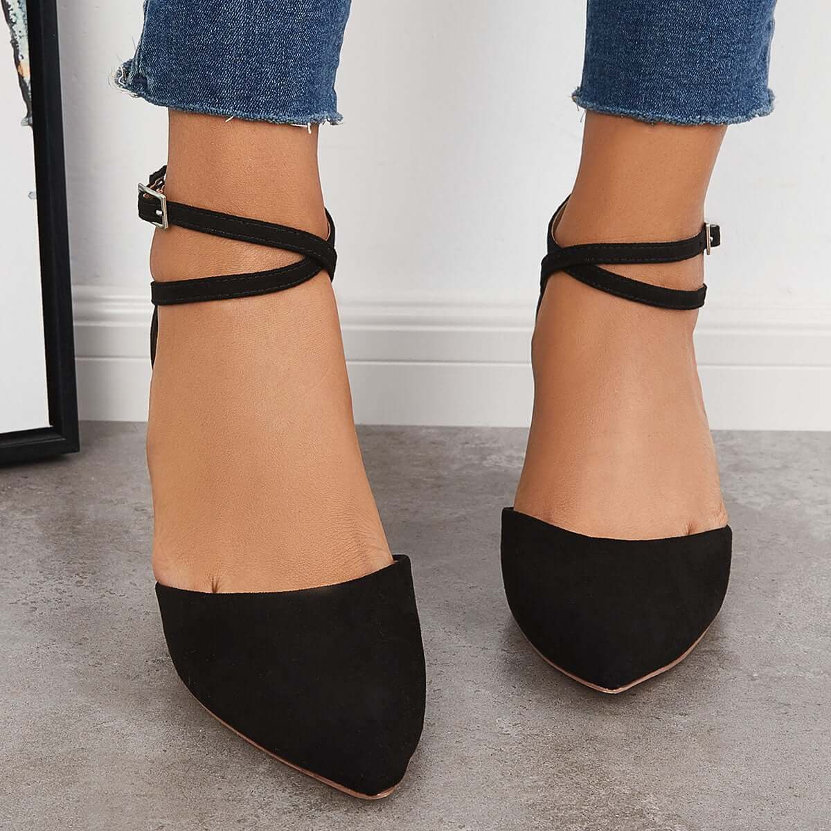 Chunky Block Low Heel Pumps Pointed Toe Ankle Strap Heels Pairmore