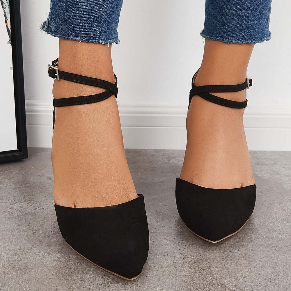 Chunky Block Low Heel Pumps Pointed Toe Ankle Strap Heels Pairmore