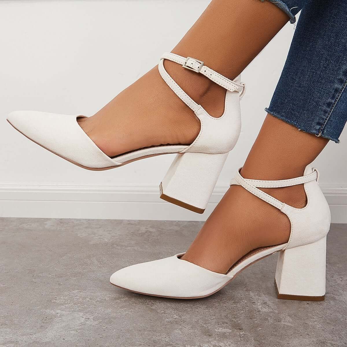 Chunky Block Low Heel Pumps Pointed Toe Ankle Strap Heels Pairmore