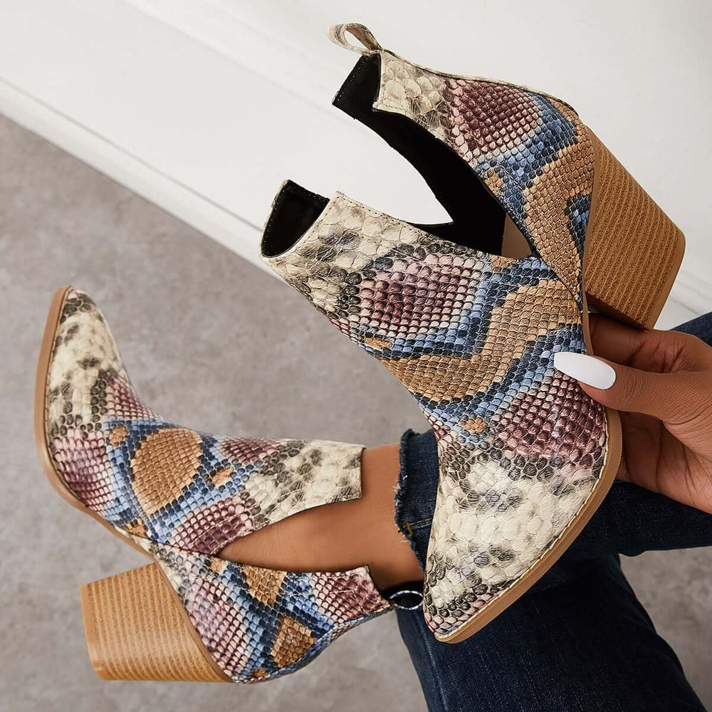 Womens Western Ankle Cowboy Boots Cutout Block Heel Booties Pairmore