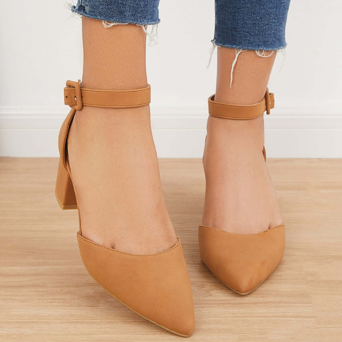 Block Low Heel Pumps Pointed Toe Ankle Buckle Strap Heels Pairmore