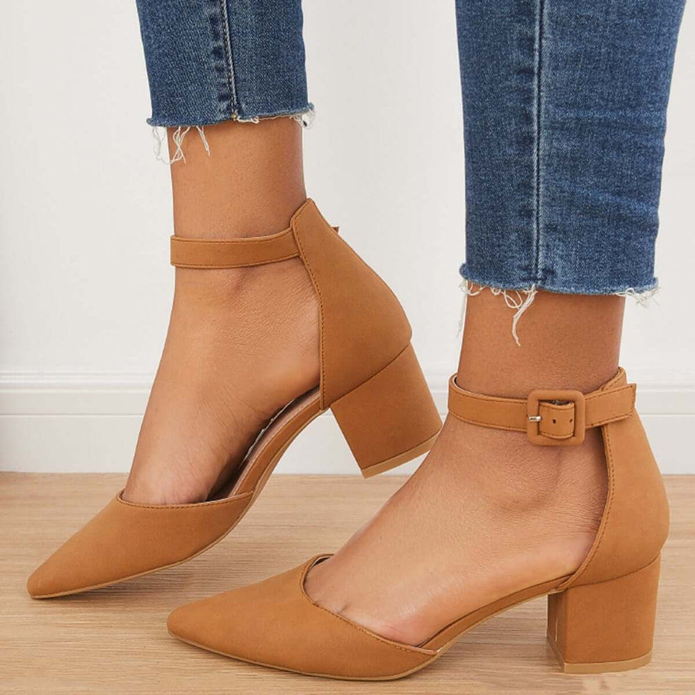 Block Low Heel Pumps Pointed Toe Ankle Buckle Strap Heels Pairmore