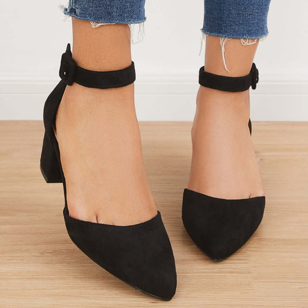 Block Low Heel Pumps Pointed Toe Ankle Buckle Strap Heels Pairmore