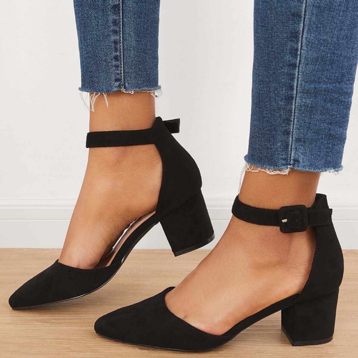 Low Chunky Block Heel Pumps Pointed Toe Ankle Strap Heels Pairmore