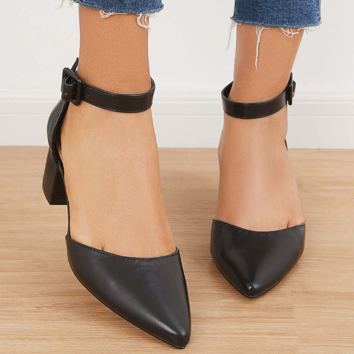 Block Low Heel Pumps Pointed Toe Ankle Buckle Strap Heels Pairmore