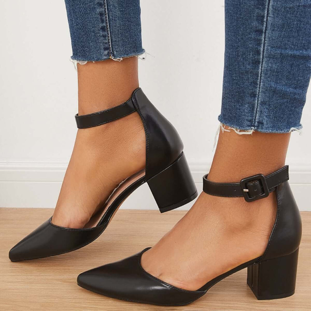 Block Low Heel Pumps Pointed Toe Ankle Buckle Strap Heels Pairmore