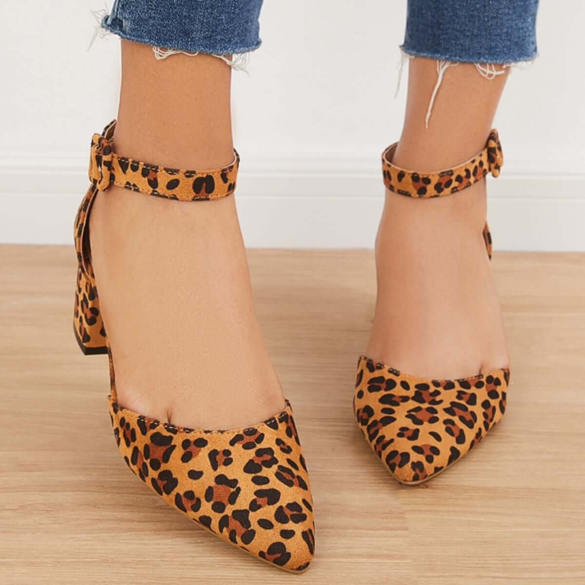 Block Low Heel Pumps Pointed Toe Ankle Buckle Strap Heels Pairmore