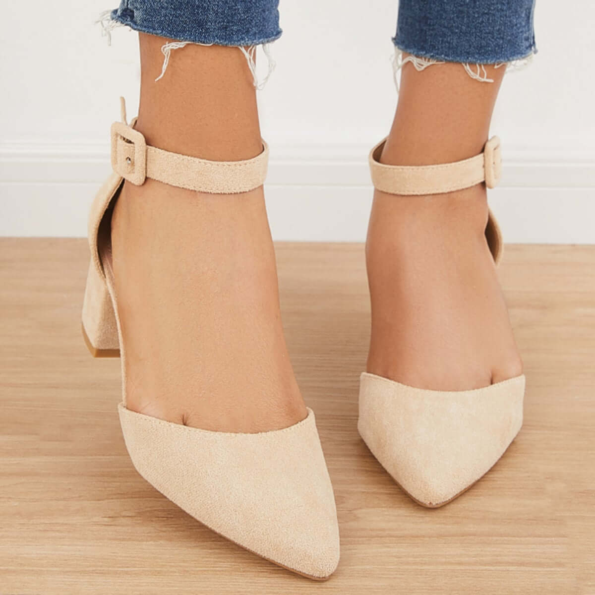 Low Chunky Block Heel Pumps Pointed Toe Ankle Strap Heels Pairmore