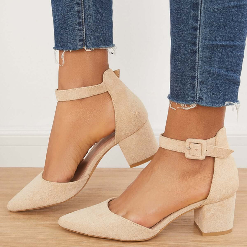 Low Chunky Block Heel Pumps Pointed Toe Ankle Strap Heels Pairmore
