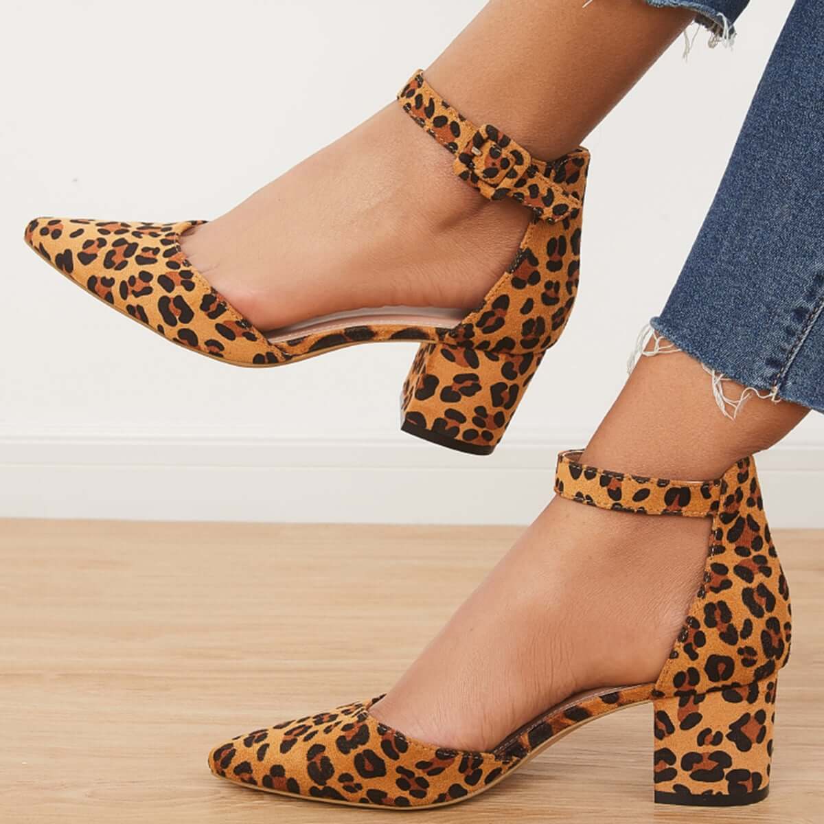 Block Low Heel Pumps Pointed Toe Ankle Buckle Strap Heels Pairmore