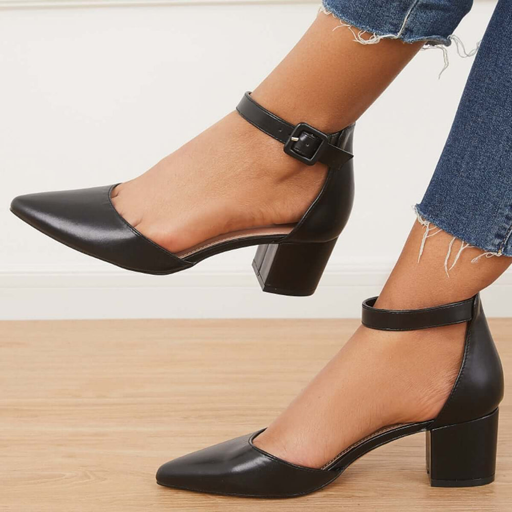 Block Low Heel Pumps Pointed Toe Ankle Buckle Strap Heels Pairmore