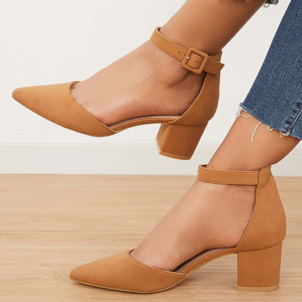 Block Low Heel Pumps Pointed Toe Ankle Buckle Strap Heels Pairmore
