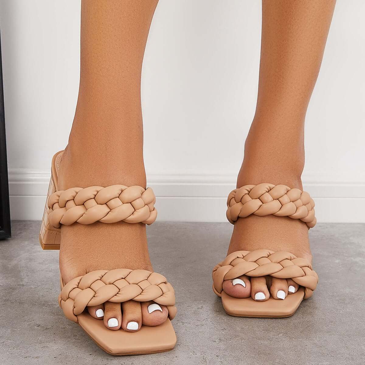 Square Toe Block High Heels Backless Slip on Mule Sandals Pairmore